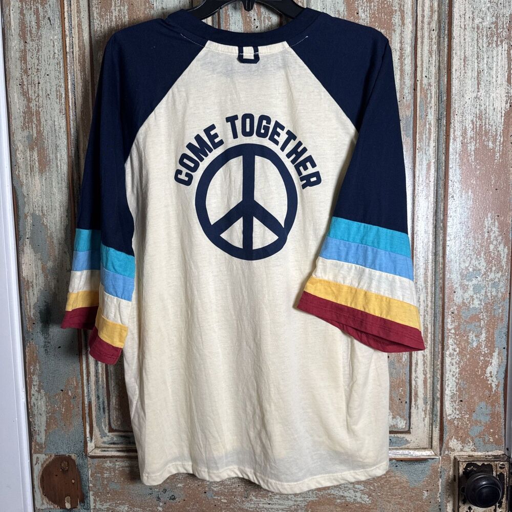 Camp Collection Shirt Baseball Style 3/4 Sleeves Stripe Come Together Message XL